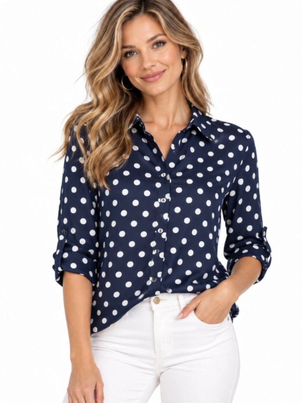 Ann Taylor Navy Blue Polka Dot Roll-Tab Sleeve Blouse - Size Small